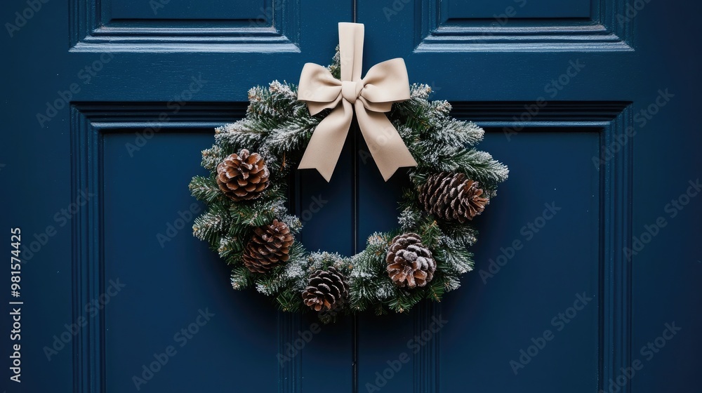 Obraz premium A beautiful wreath featuring green eucalyptus, brown pine cones, and a beige bow decorates a light blue door, enhancing the winter charm of the entrance