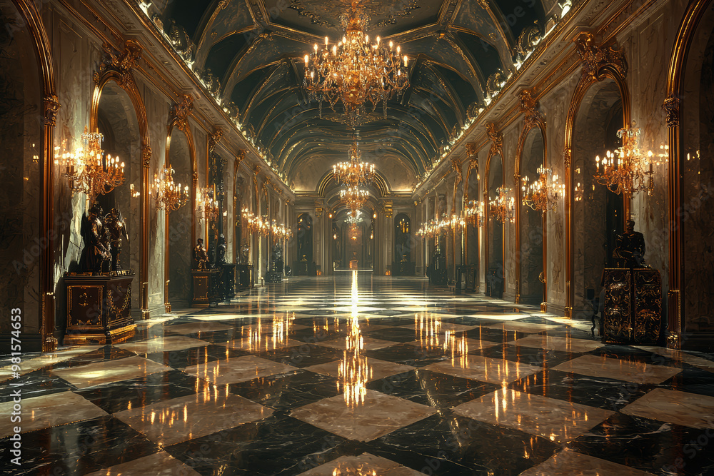 A hallway designed as a grand castle corridor, with ornate chandeliers and armor displays, representing historical grandeur. Concept of decor. A hallway designed as a grand castle corridor, with ornate chandeliers and armor displays, representing historical grandeur. Concept of decor.