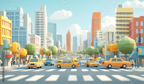 Vibrant City Scene With Geometric Buildings and Yellow Cabs