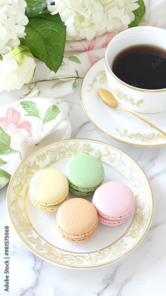 Delicate macarons in pastel colors are arranged on a fine plate beside a coffee cup, presenting a charming morning setup on a marble table adorned with a floral napkin Delicate macarons in pastel colors are arranged on a fine plate beside a coffee cup, presenting a charming morning setup on a marble table adorned with a floral napkin