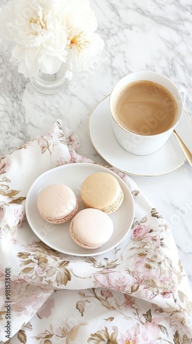 Wallpaper Mural Delicate macarons in pastel colors are arranged on a fine plate beside a coffee cup, presenting a charming morning setup on a marble table adorned with a floral napkin Torontodigital.ca