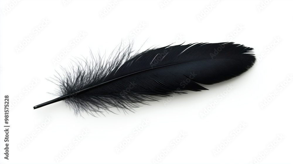 one single black birds feather isolated on white background one single black birds feather isolated on white background