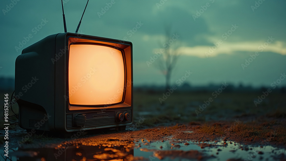 Vintage Television in Barren Landscape at Sunset