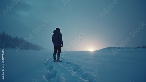 Person Walking Down Snow-Covered Road