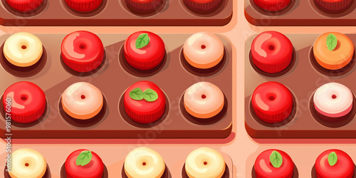 Rows of apple cinnamon-flavored treats displayed on trays for customer selection, sweet illustration art