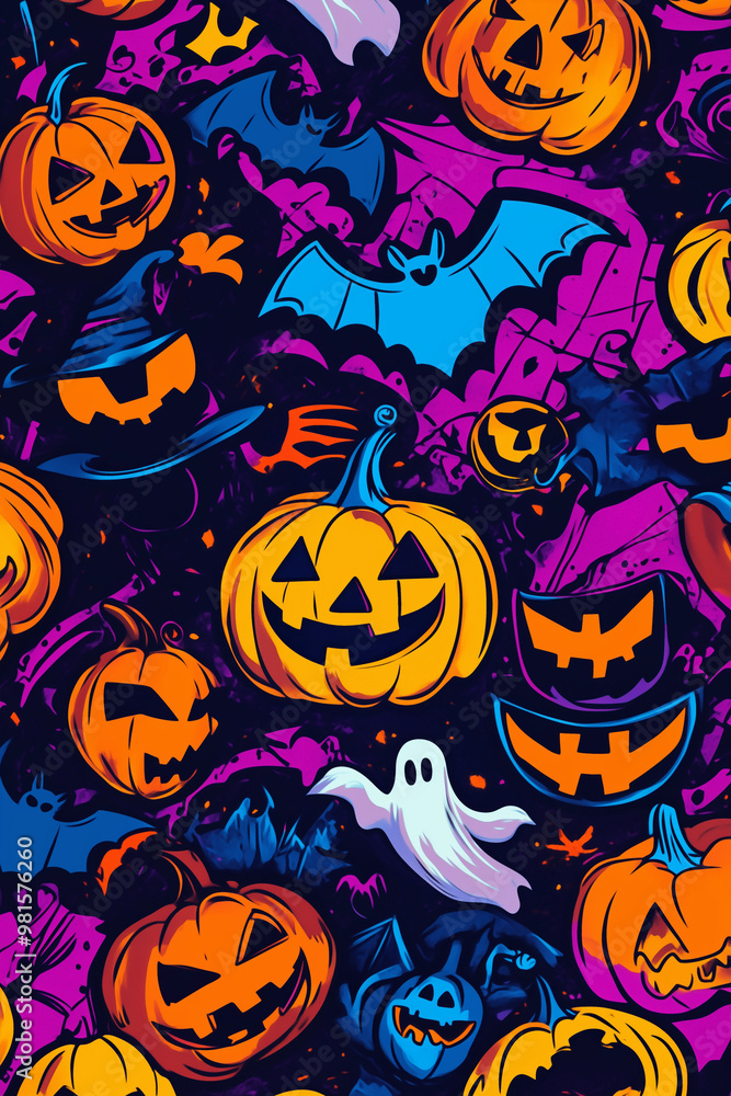 Neon Halloween Party Pattern: Pumpkins, Ghosts and Bats Neon Halloween Party Pattern: Pumpkins, Ghosts and Bats