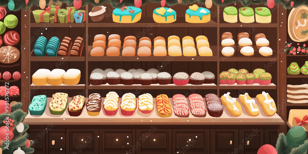 Sugar-coated pastries displayed in a bakery's showcase, surrounded by holiday decorations, sweet illustration Sugar-coated pastries displayed in a bakery's showcase, surrounded by holiday decorations, sweet illustration