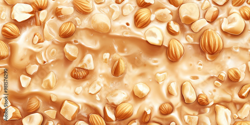 Section of hard nougat with solid, non-flexible texture and evident nut distribution, sweet illustration art