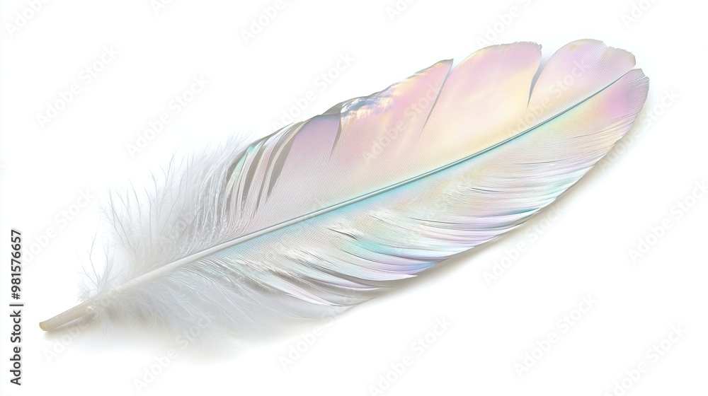 Fototapeta premium one single nacre birds feather isolated on white background