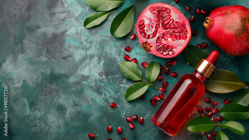 Bottle of pomegranate seed oil with fresh pomegranate and scattered seeds on stone background. Ingredient for skincare, nutrition, and wellness. Concept of antioxidant-rich beauty, health supplements photo