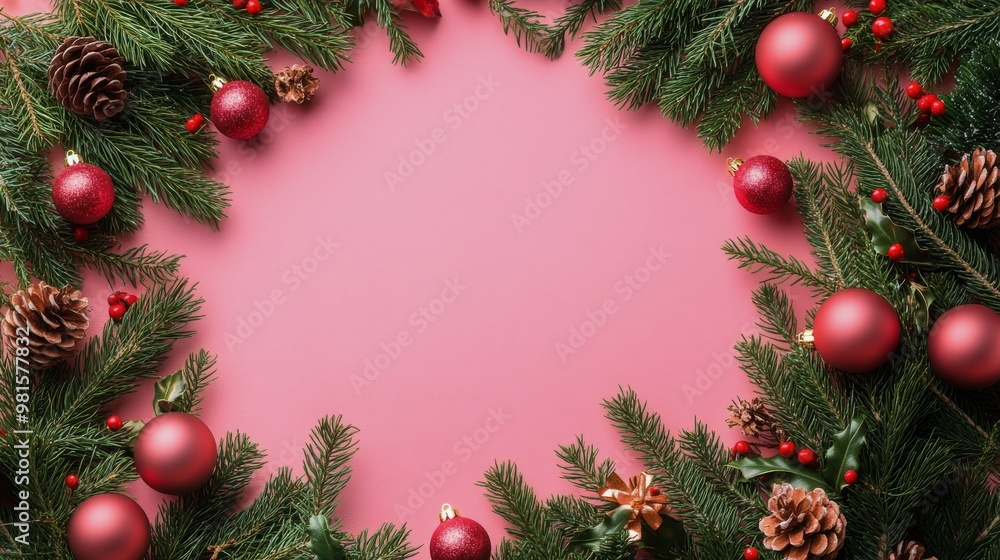 Festive pink background adorned with Christmas ornaments and pine branches for holiday celebration Festive pink background adorned with Christmas ornaments and pine branches for holiday celebration