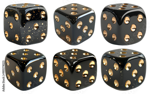 Set of black dice with golden dots isolated on transparent background photo