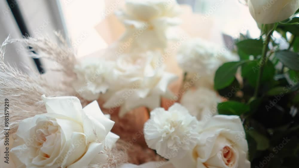 A beautiful bouquet of white roses stands near the window of the house. A romantic gift for a girl on a holiday. Floristry A beautiful bouquet of white roses stands near the window of the house. A romantic gift for a girl on a holiday. Floristry