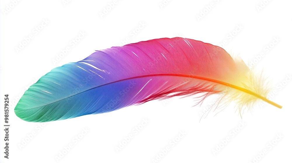 one single colorful rainbow birds feather isolated on white background