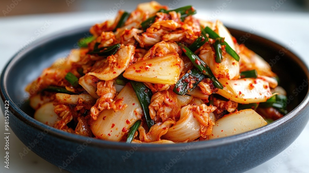 This dish features traditional Korean kimchi prepared with fresh scallions, highlighting its rich flavors and vibrant colors in a detailed close-up view This dish features traditional Korean kimchi prepared with fresh scallions, highlighting its rich flavors and vibrant colors in a detailed close-up view