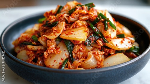 This dish features traditional Korean kimchi prepared with fresh scallions, highlighting its rich flavors and vibrant colors in a detailed close-up view