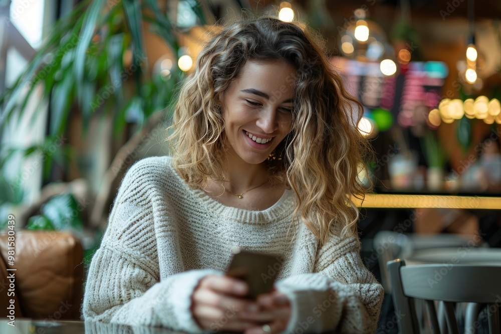 woman engaging in online payment on her mobile, seated at a stylish urban cafe woman engaging in online payment on her mobile, seated at a stylish urban cafe
