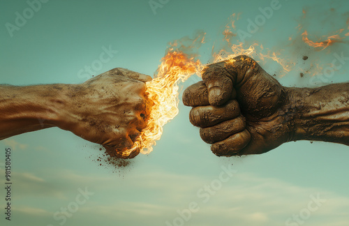 two fists fighting each other with flames photo