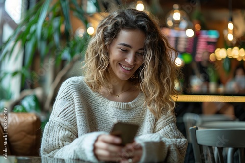 woman engaging in online payment on her mobile, seated at a stylish urban cafe