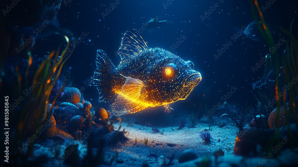 Naklejka premium A glowing, digital fish swims through an underwater coral reef.
