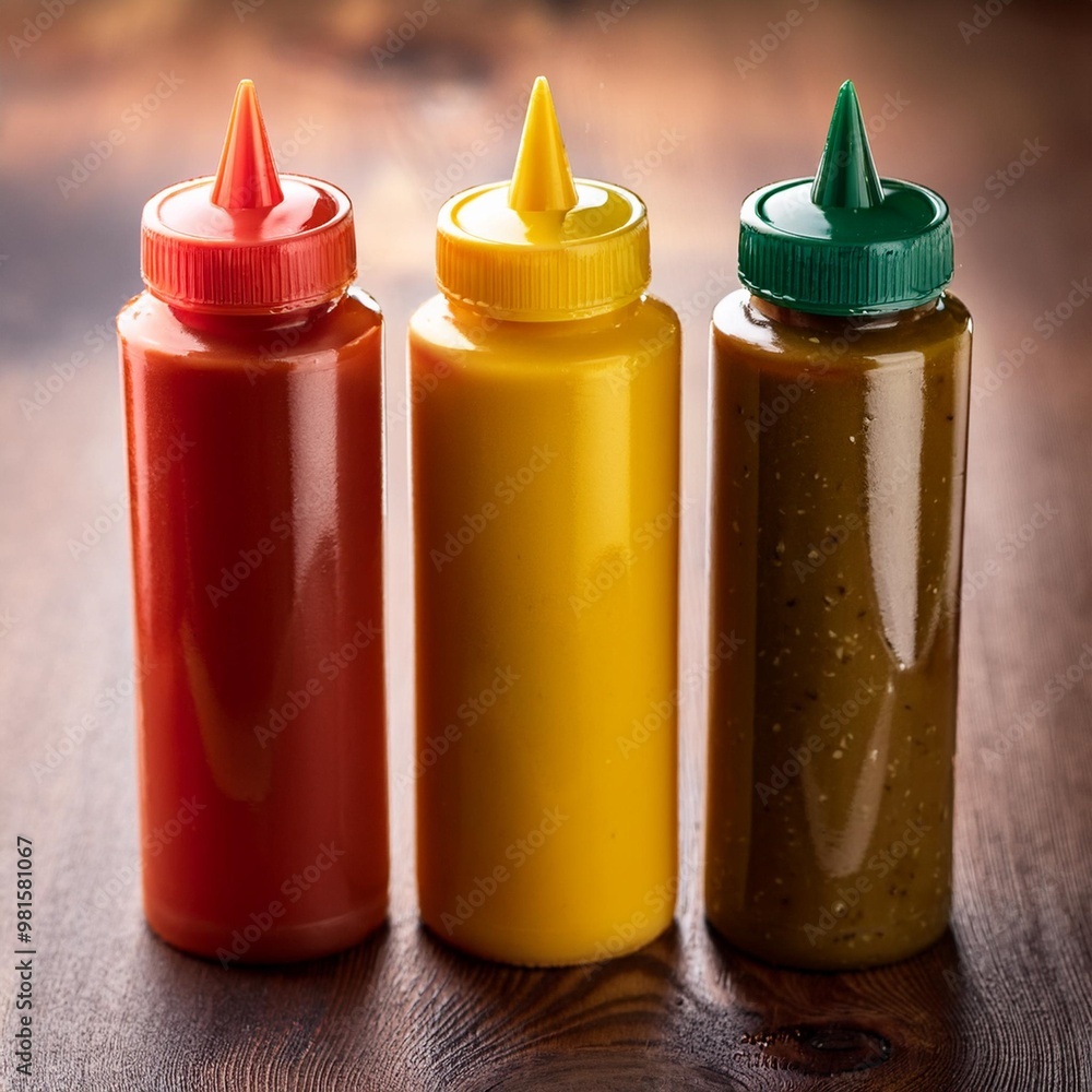 Classic condiment pairings with depth of field featuring ketchup, mustard, and relish Classic condiment pairings with depth of field featuring ketchup, mustard, and relish