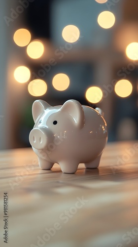 Wooden table featuring piggy bank and blurred background image 