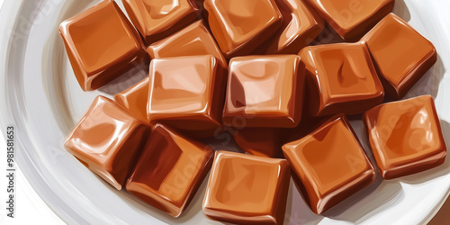 Plate of English toffee squares with shiny surface and smooth texture, sweet illustration art