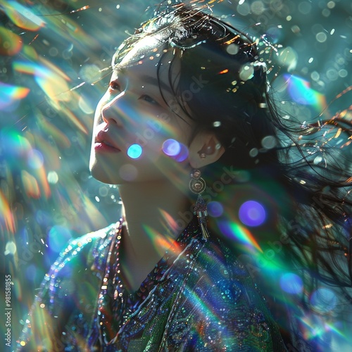 A young and pretty asian female shaman dances with her hair tilted back and coquettishly photo