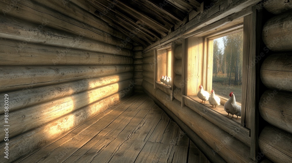 A row of chickens sits on the beams of an old wooden coop, their colorful plumage glowing softly under the hanging lights, creating a warm and inviting atmosphere A row of chickens sits on the beams of an old wooden coop, their colorful plumage glowing softly under the hanging lights, creating a warm and inviting atmosphere