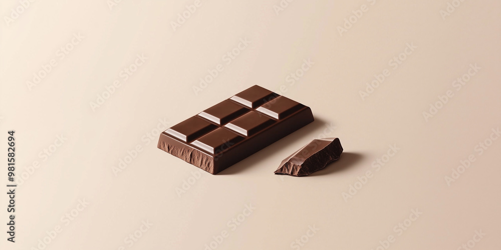 Single chocolate bar on plain surface, clear lines dividing segments, sweet illustration Single chocolate bar on plain surface, clear lines dividing segments, sweet illustration