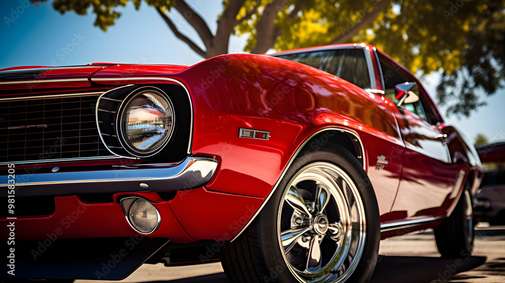 Stunning High Definition Image of a Glossy Red Vintage Muscle Car Bathed in Sunlight Stunning High Definition Image of a Glossy Red Vintage Muscle Car Bathed in Sunlight