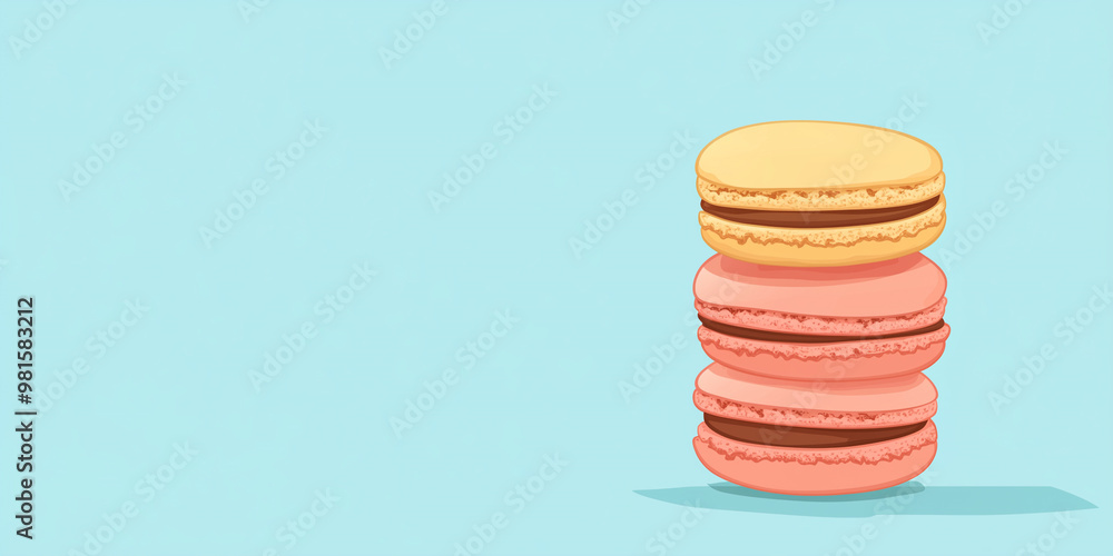 Stack of three macarons placed vertically, no additional textures, sweet illustration Stack of three macarons placed vertically, no additional textures, sweet illustration