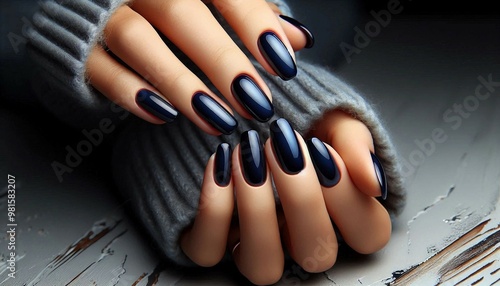 Close-up of well-manicured hands with glossy navy blue nails resting on a gray knitted fabric.

 photo