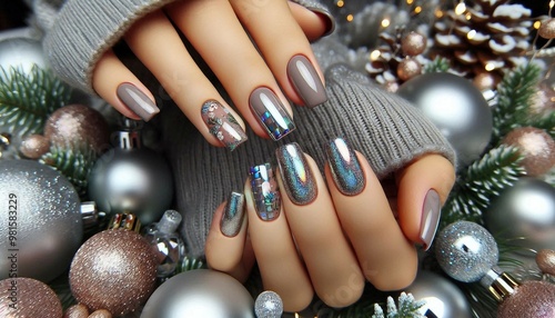 A close-up of a hand with detailed and stylish nail art surrounded by festive Christmas decorations.

 photo