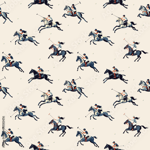 Seamless pattern of polo players on horses in dynamic action, swinging mallets during a game