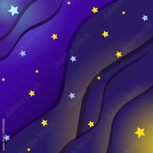 Background dark blue gradient night sky with many stars with layered superimpositions of cosmic waves and the reflection of stars. Vector illustration. Cartoon-style backgrounds and banners for kids