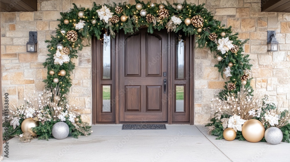 Fototapeta premium The front porch showcases stunning Christmas decor with a gold-toned wreath, garland, and ornaments, beautifully enhancing the home's entrance for the festive season.