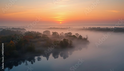 Foggy Sunrise Over Misty Forest and Calm Water 