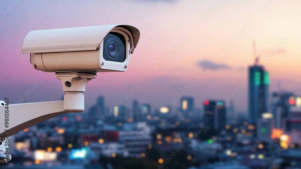 Urban Surveillance: Cityscape at Night with Security Camera Urban Surveillance: Cityscape at Night with Security Camera