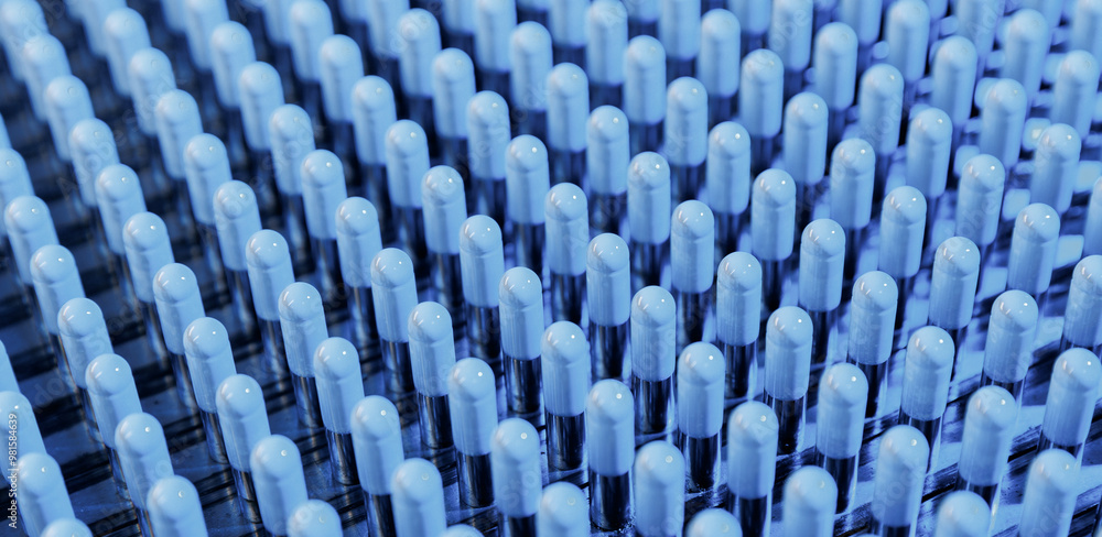 Fototapeta premium Pharmaceutical production line blue capsules moving on conveyor
