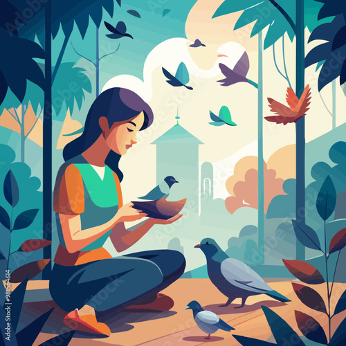 Young woman with a calm expression feeding birds in a lush green forest setting
