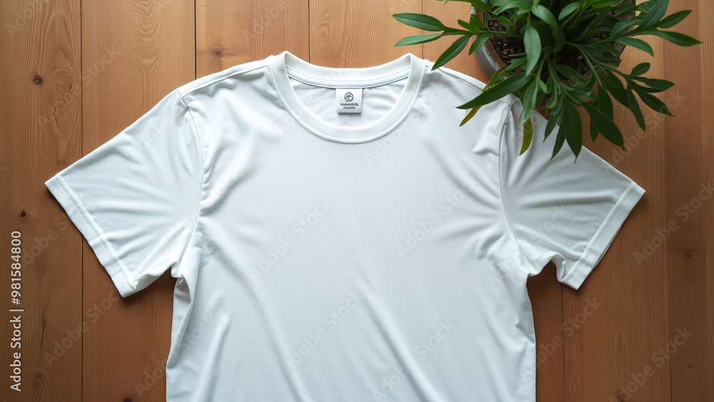 White T-Shirt Mockup on Wooden Surface White T-Shirt Mockup on Wooden Surface