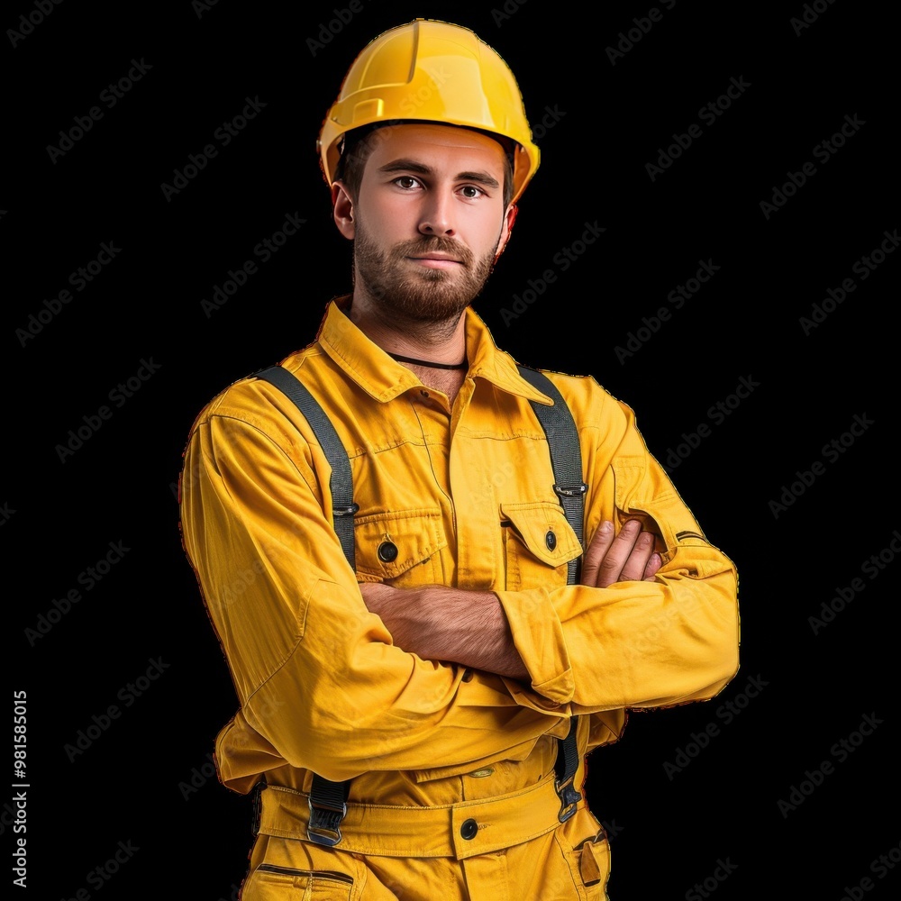 Skilled worker in safety gear posing confidently indoors Skilled worker in safety gear posing confidently indoors