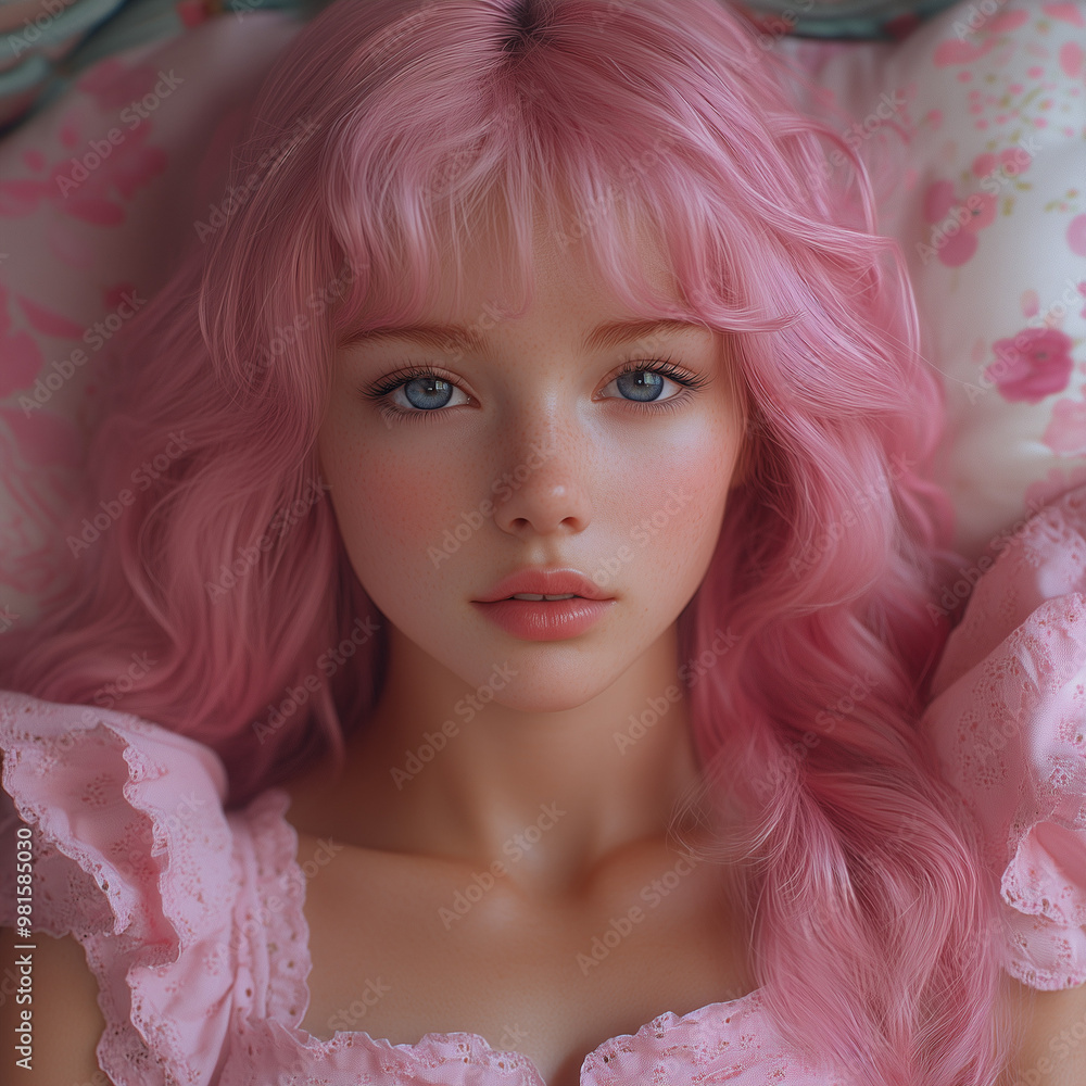 Enchanting portrait of a delicate figure with flowing pink hair in a lacy pink dress against a soft floral background Enchanting portrait of a delicate figure with flowing pink hair in a lacy pink dress against a soft floral background
