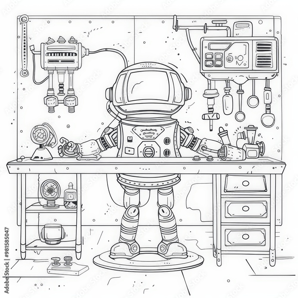 Fototapeta premium Space Station Maintenance Robot, space station maintenance, equipment repair, space robot, coloring book page for kids, only black & white, white background, crisp lines, borderless, medium lines