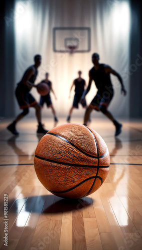 A Basketball in the foreground of a basketball court with player figures in the background with a net, Vertical Portrait in 9:16 Ratio