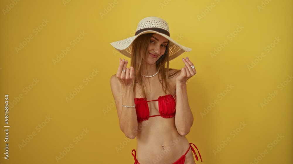 Woman in bikini and summer hat making money gesture with hand, asking for salary and payment, caucasian business professional over isolated yellow background Woman in bikini and summer hat making money gesture with hand, asking for salary and payment, caucasian business professional over isolated yellow background