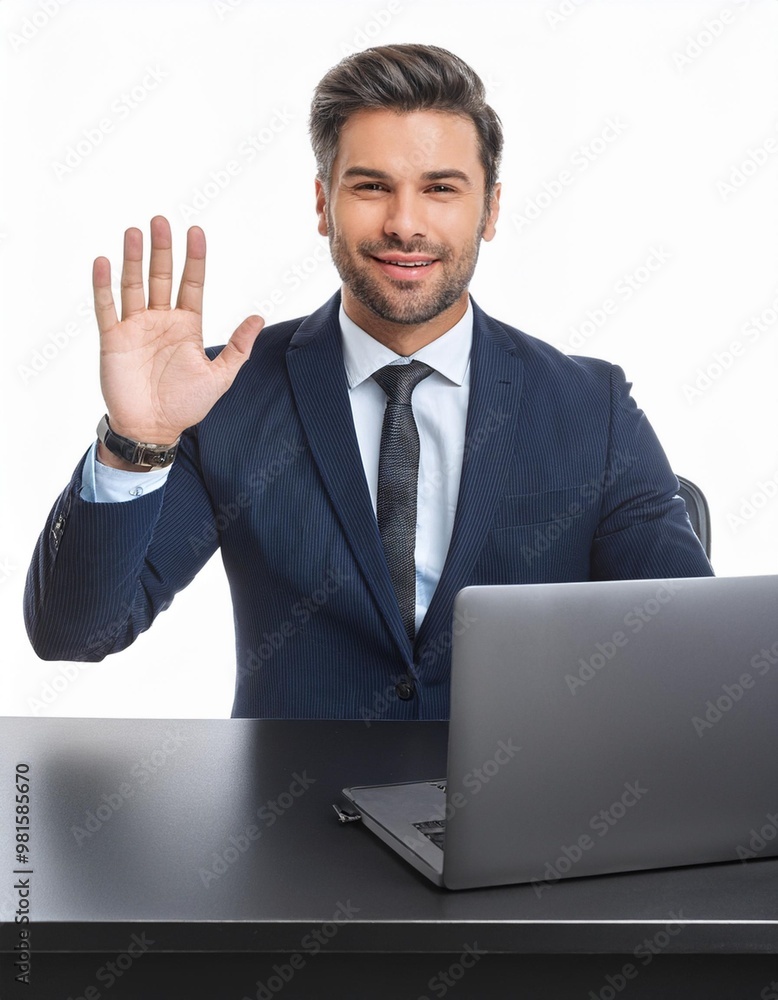 Business Professional Conducting a Video Conference in a Sleek Office Isolated on White Background, Clipping Path, Full Depth of Field Business Professional Conducting a Video Conference in a Sleek Office Isolated on White Background, Clipping Path, Full Depth of Field