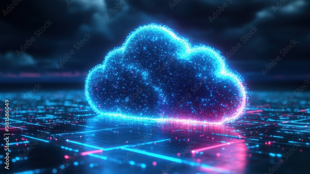 A glowing blue digital cloud hovers above a neon-lit grid surface, creating a futuristic and high-tech atmosphere.
A glowing blue digital cloud hovers above a neon-lit grid surface, creating a futuristic and high-tech atmosphere.
