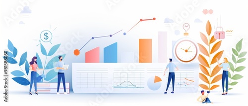 A colorful illustration of analytics featuring graphs, people discussing data, and elements representing growth and finance.